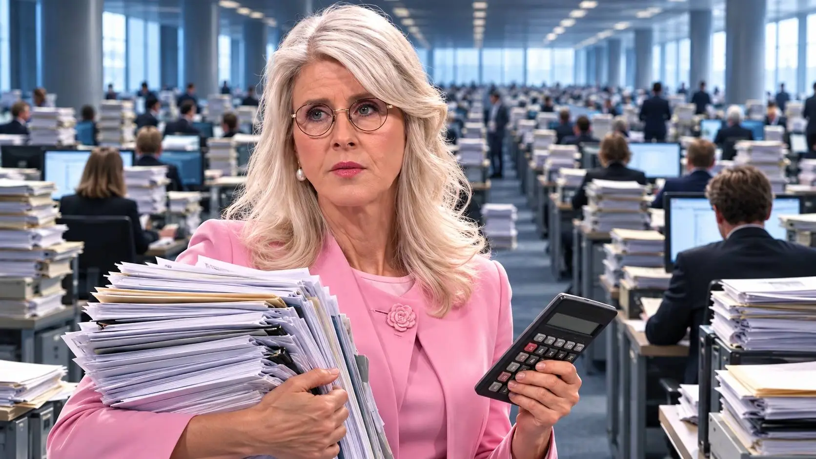 AI-illustratie van Mona Keijzer met een stapel papieren en een rekenmachine voor een uitgestrekte kantoorzaal vol ambtenaren.