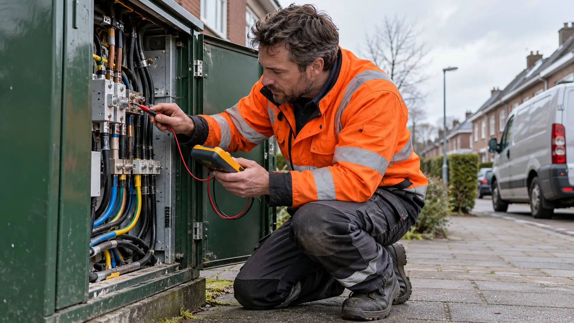 Monteur in oranje werkjas controleert kabels in een geopende elektriciteitskast in een woonwijk.