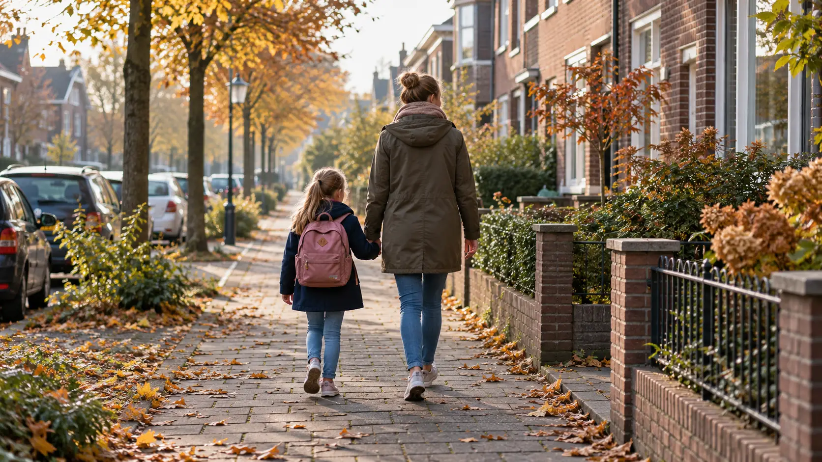 Illustratie van een moeder die met haar dochter door een woonstraat loopt.