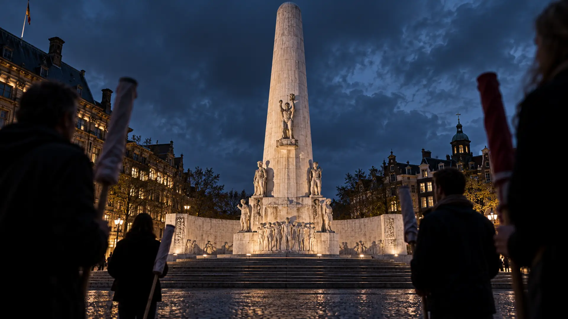 ymbolische illustratie van het Nationaal Monument op de Dam bij avond, met anonieme silhouetten en opgerolde vlaggen op de voorgrond.