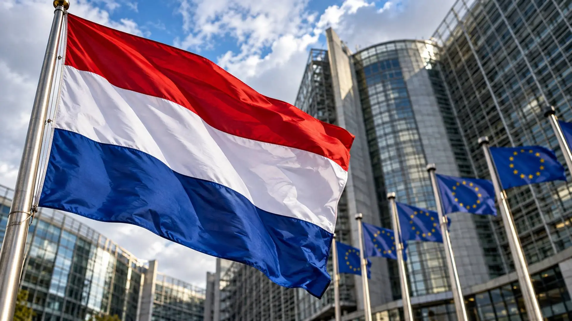 Illustratie van een Nederlandse vlag voor een groot Brussels bestuursgebouw met Europese vlaggen.