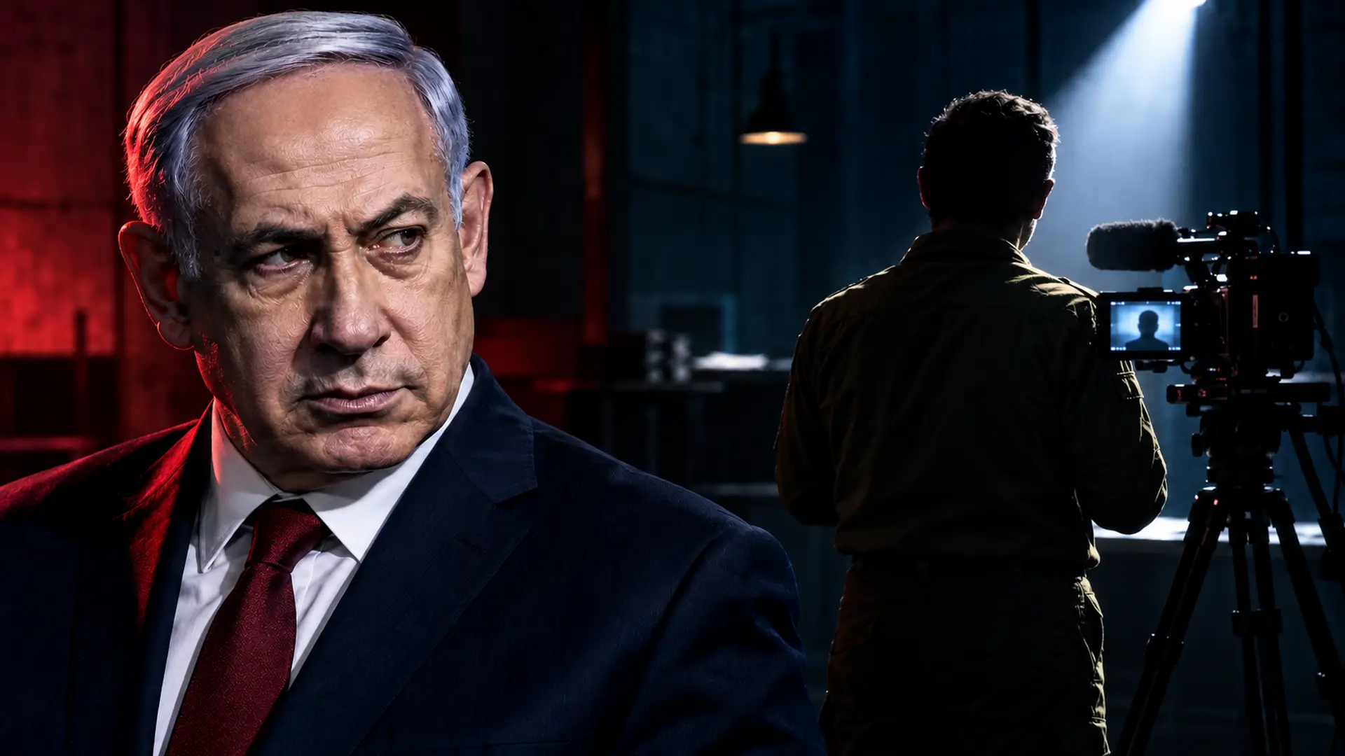Illustratie van Benjamin Netanyahu met een anonieme militaire getuige en een documentairecamera in een zoeklicht.
