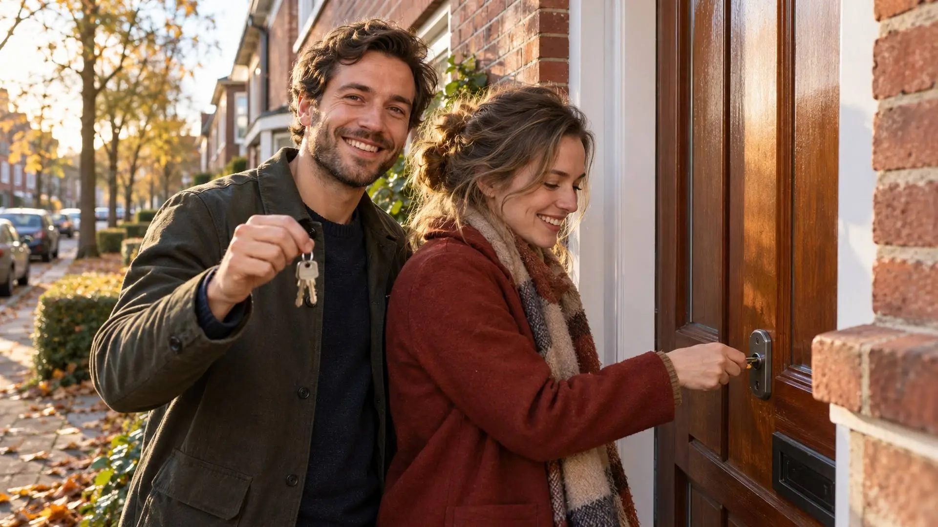 Jong stel opent met een sleutelbos de voordeur van een bakstenen jarendertigwoning in de herfstzon