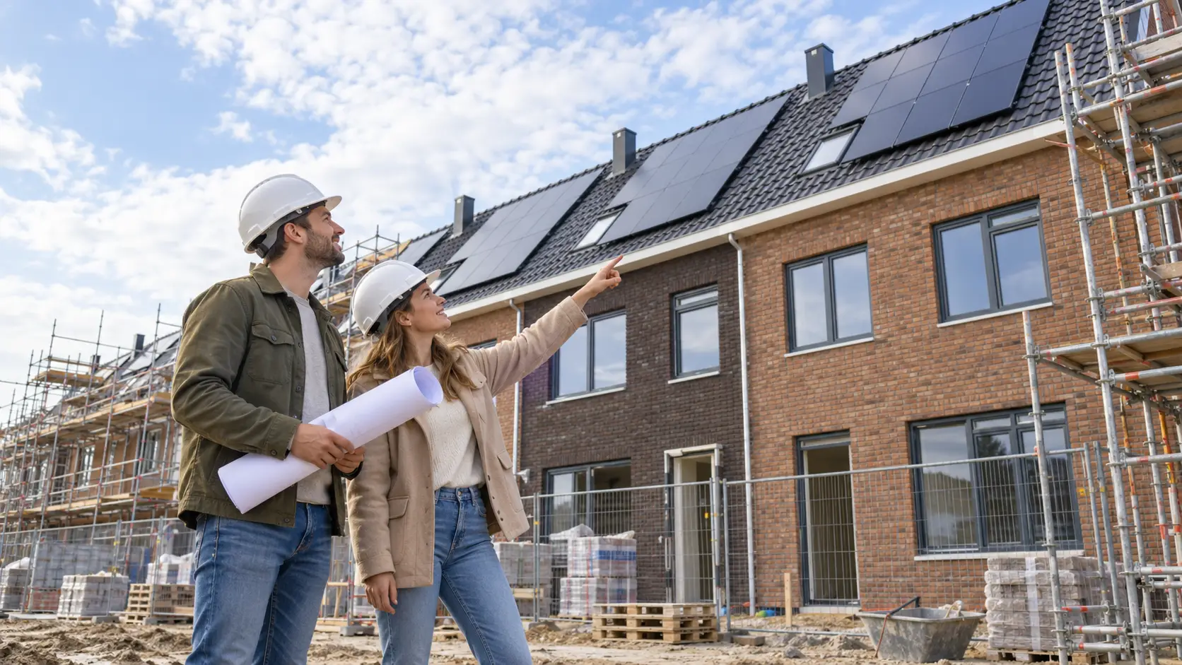Jong stel met bouwhelmen bekijkt hun nieuwbouwwoning, terwijl de vrouw naar de zonnepanelen op het dak wijst.