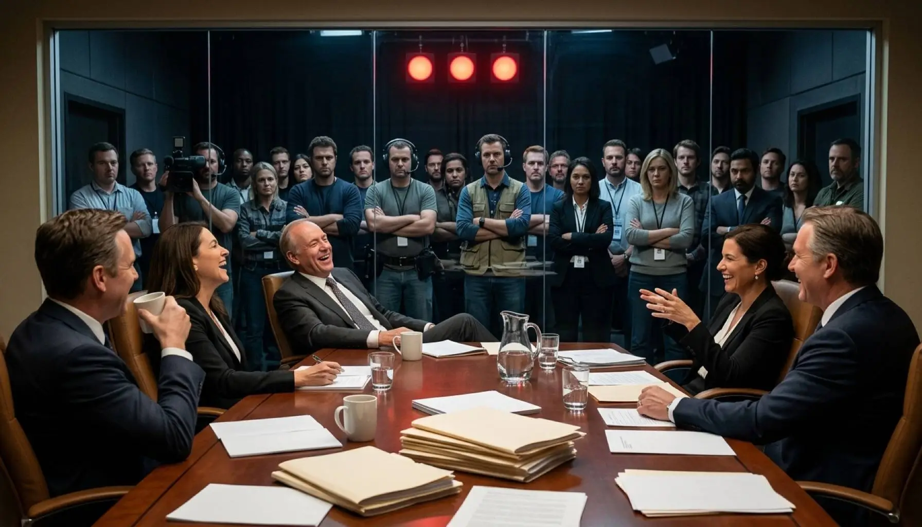Vergadering van npo bazen die lachen terwijl hun werknemers boos staan toe te kijken
