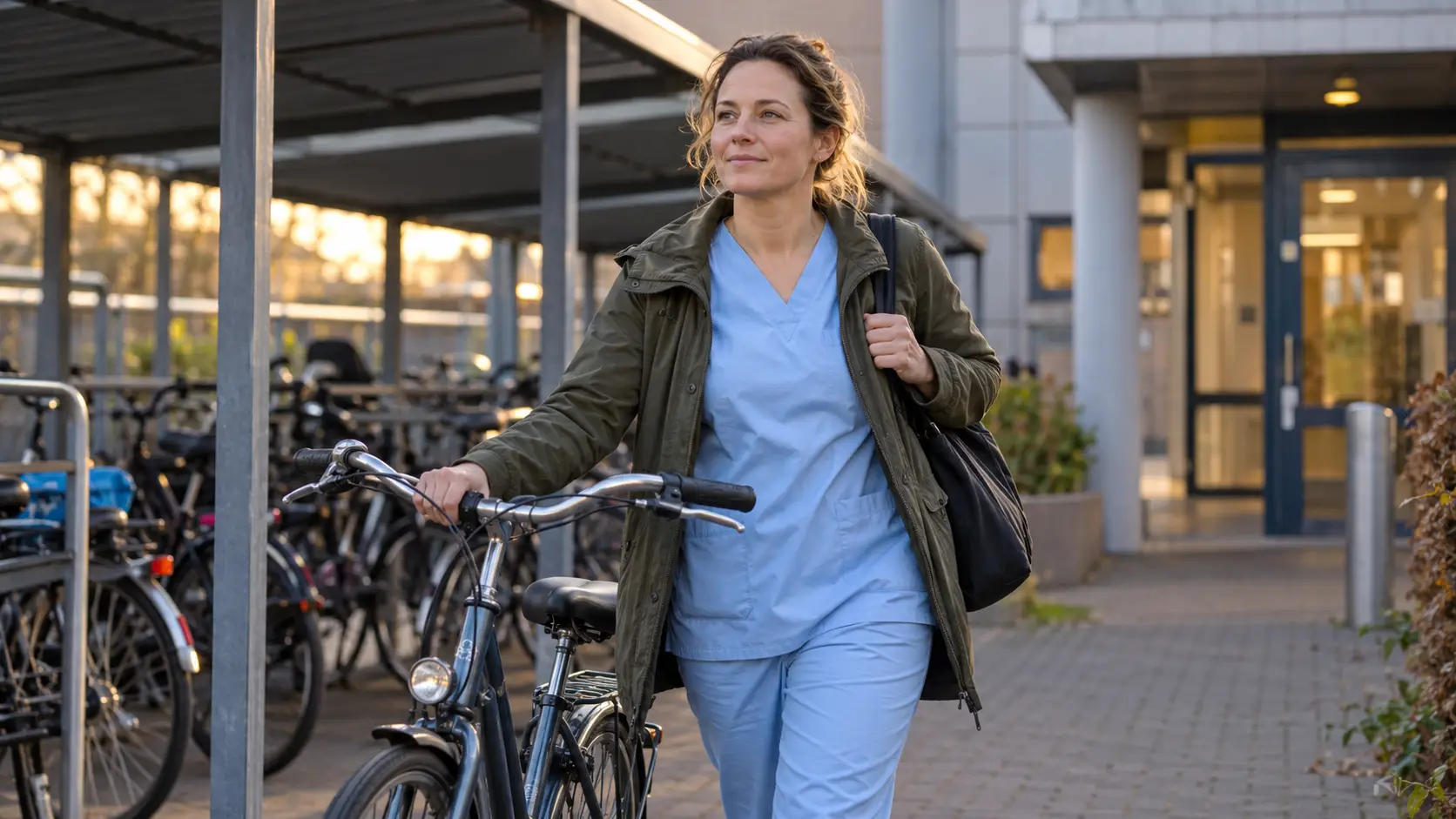 Verpleegkundige in een lichtblauw uniform loopt na haar dienst met de fiets aan de hand het fietsenhok bij het ziekenhuis uit.