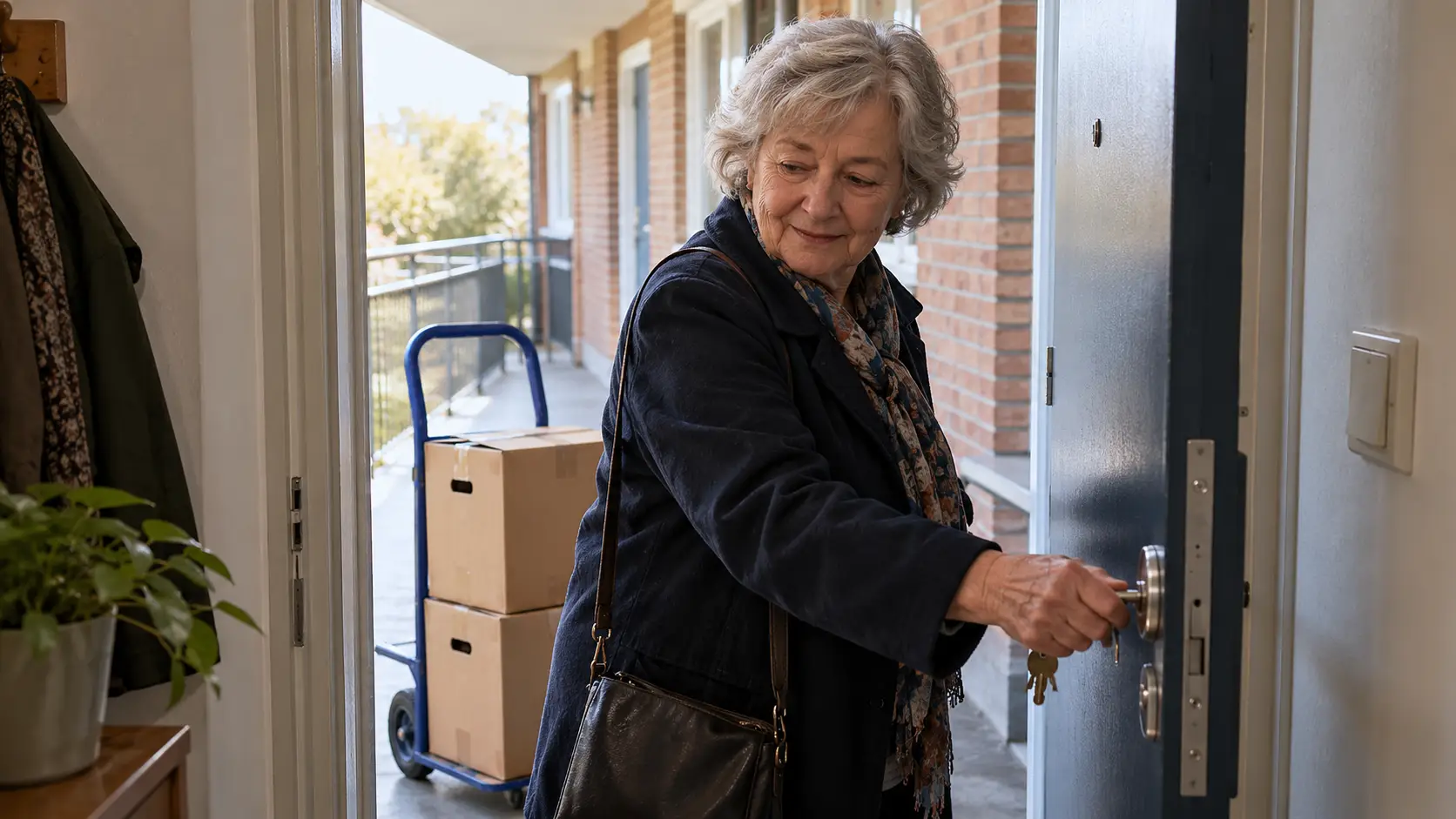 Oudere vrouw opent de deur van een appartement, met verhuisdozen achter zich.