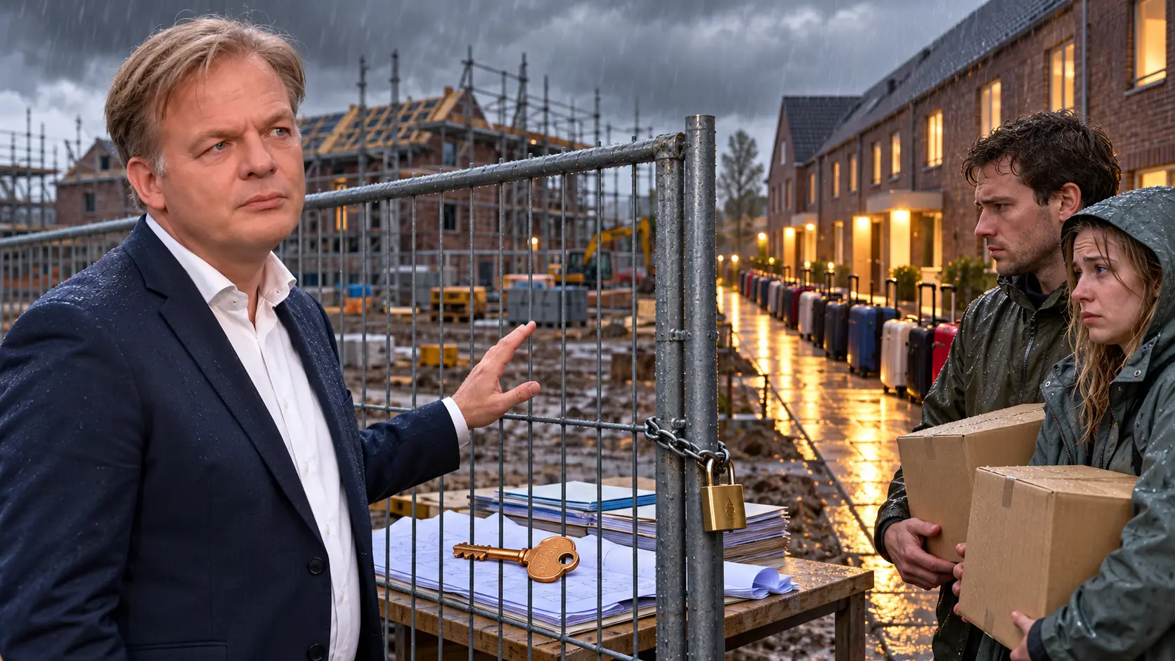 Illustratie van Pieter Omtzigt bij een gesloten bouwhek, met een wachtend jong stel, verhuisdozen en een rij rolkoffers bij nieuwbouwwoningen.