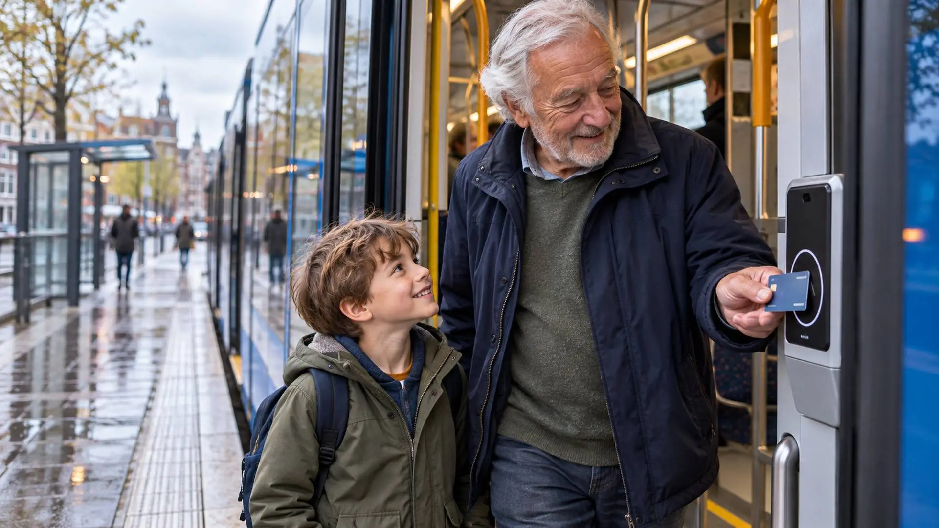 Man van rond de vierenzeventig stapt met zijn kleinzoon een tram in en houdt zijn betaalpas bij de kaartlezer.