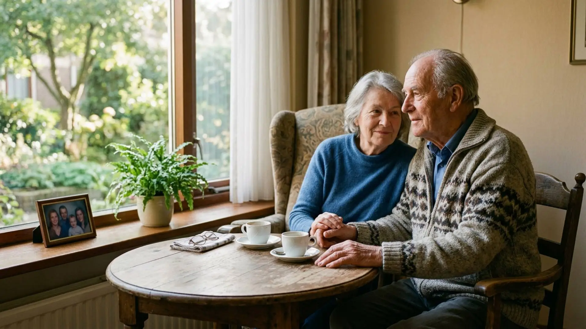 Oudere man bezoekt zijn vrouw in een lichte kamer van een verpleeghuis met twee kopjes koffie op tafel.