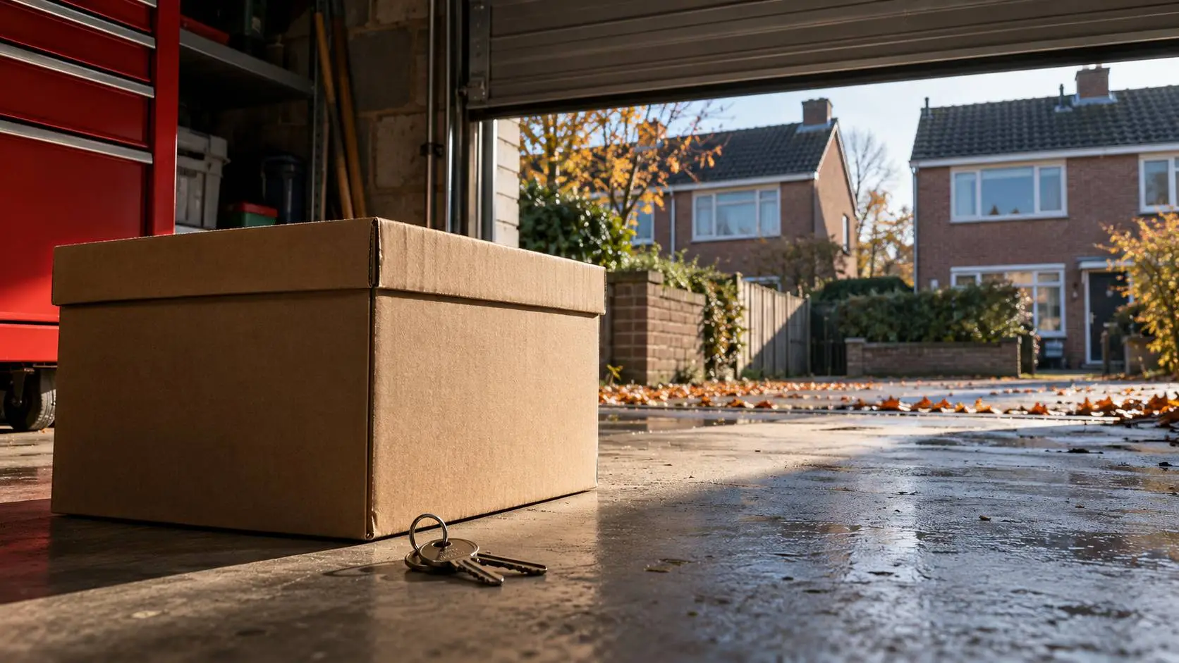 Gesloten opslagdoos en huissleutels in een garage, met buurwoningen op de achtergrond.