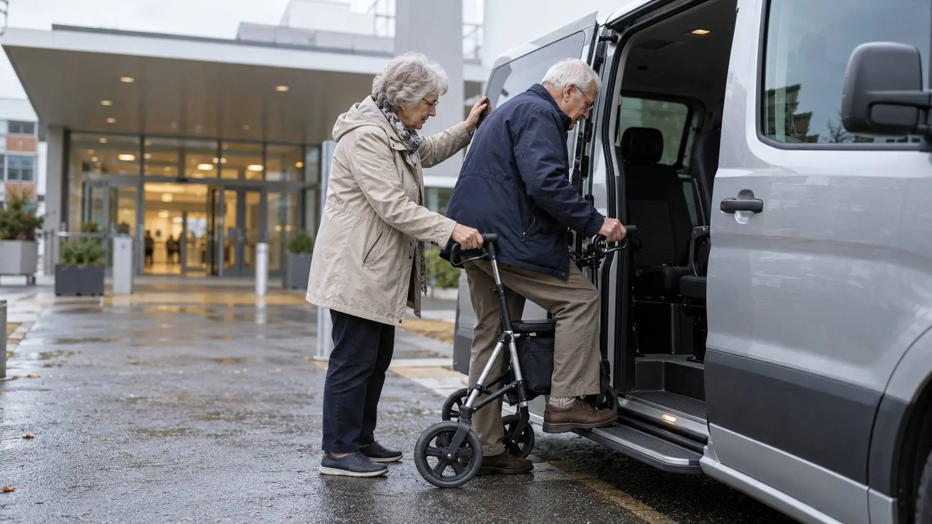 Oudere man stapt met een rollator in een taxibusje bij een ziekenhuis, terwijl zijn vrouw hem helpt.