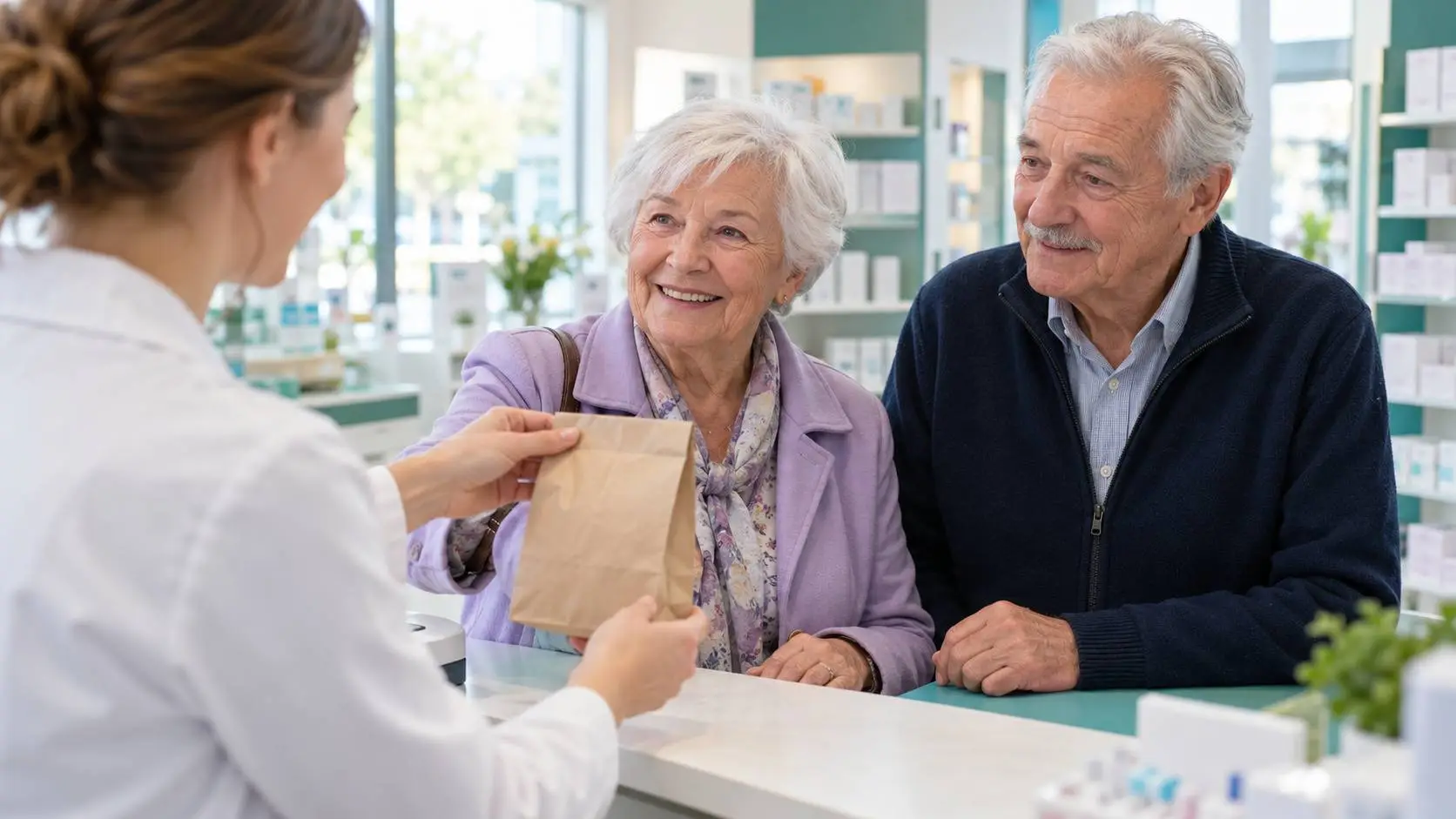 Ouder stel aan de apotheekbalie; de vrouw neemt een papieren medicijnzakje aan terwijl haar man meekijkt.