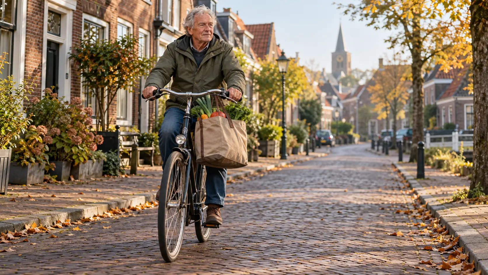 Oudere man fietst met een volle boodschappentas aan zijn stuur door een Nederlandse dorpsstraat in de herfst.
