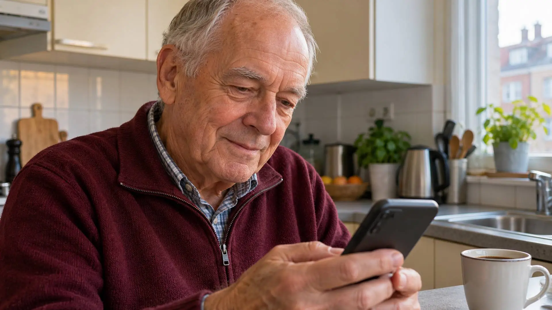 Oudere man aan het aanrecht van zijn huurflat bekijkt op zijn telefoon de nieuwe pensioenbetaling op zijn bankrekening