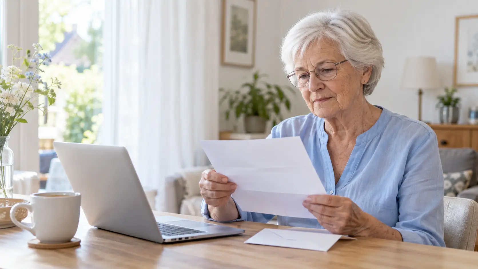 Oudere vrouw leest een brief aan een lichte houten tafel met een kop thee en een laptop.