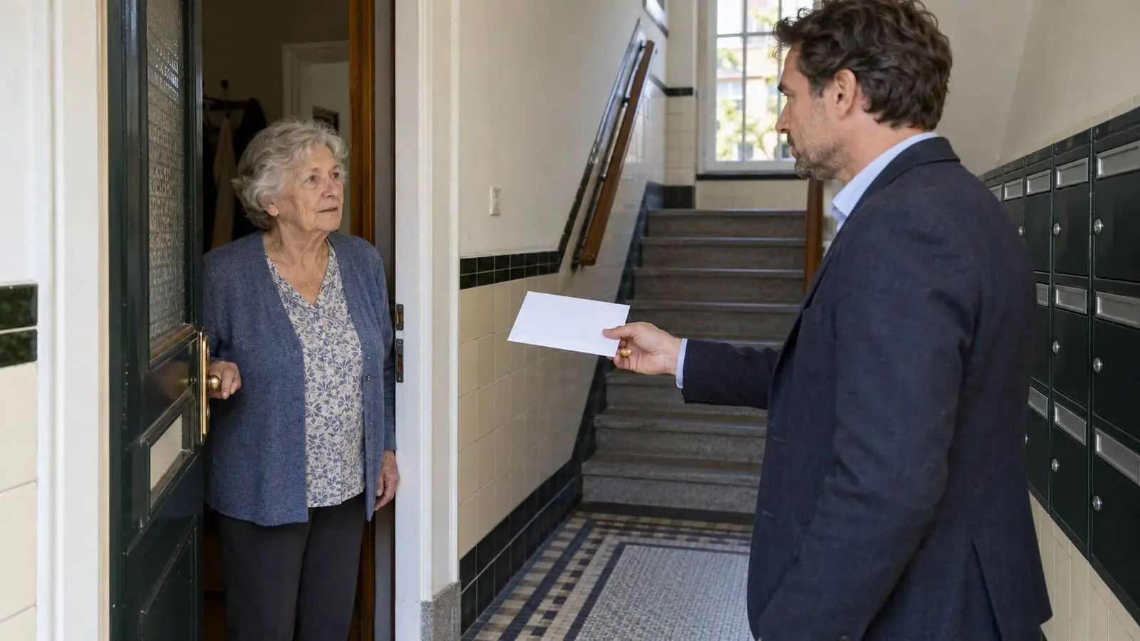 Oudere vrouw in de deuropening van haar portiekwoning terwijl een man in colbert haar een envelop voorhoudt.