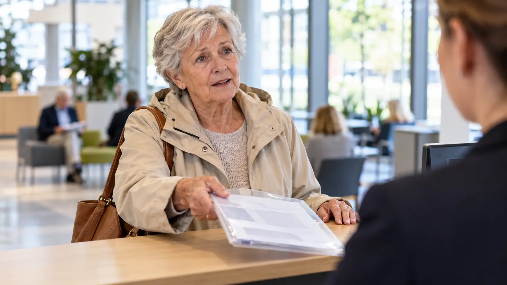 Oudere vrouw in een lichte regenjas schuift een doorzichtig mapje met papieren naar een medewerker aan de balie van het gemeentehuis.