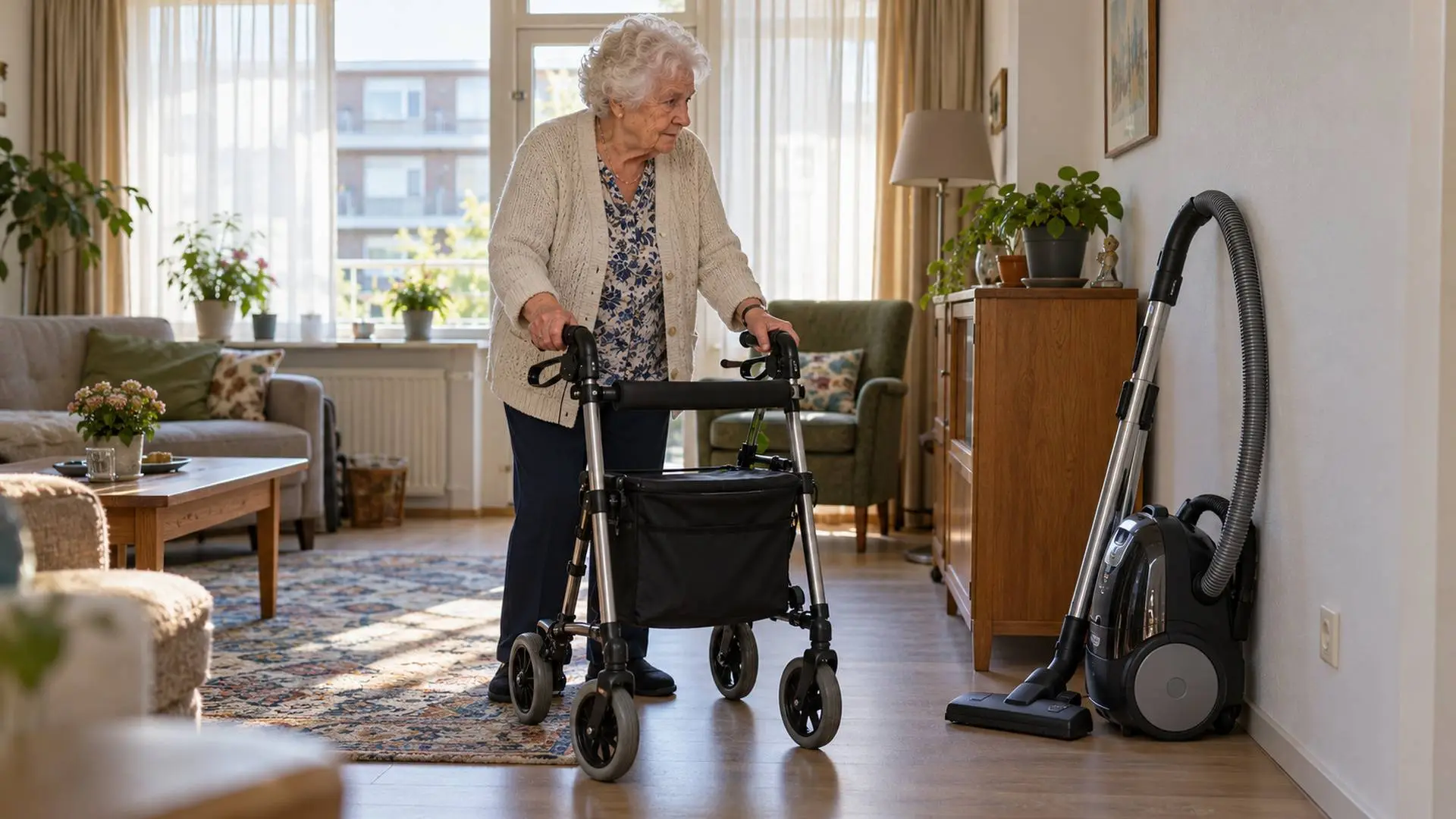 Oudere vrouw met rollator in een kleine woonkamer kijkt naar een stofzuiger die ongebruikt in de hoek staat