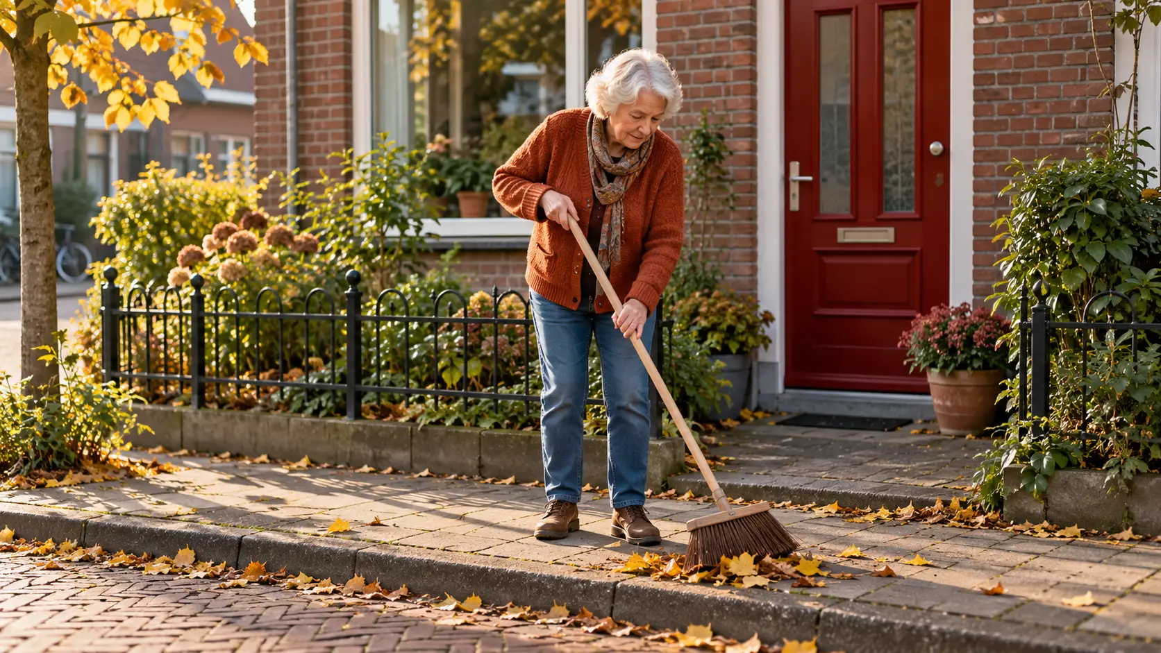 Oudere vrouw veegt herfstbladeren van de stoep voor haar rijtjeshuis met een rode voordeur.