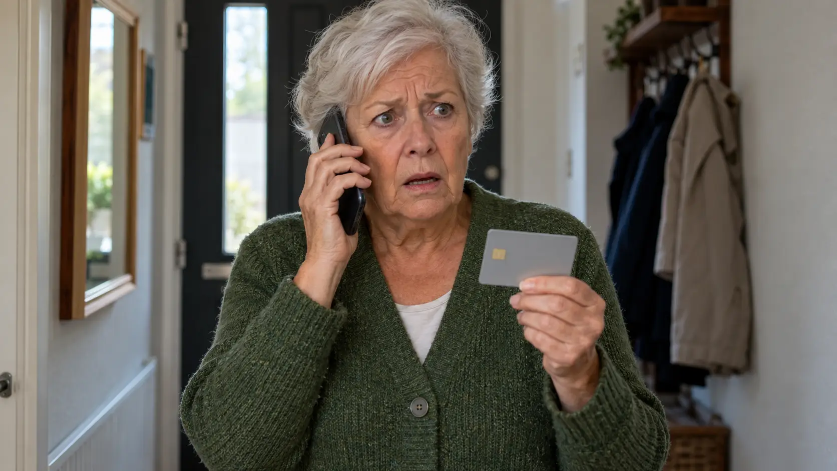 Oudere vrouw kijkt geschrokken tijdens een telefoongesprek en houdt een bankpas in haar andere hand.