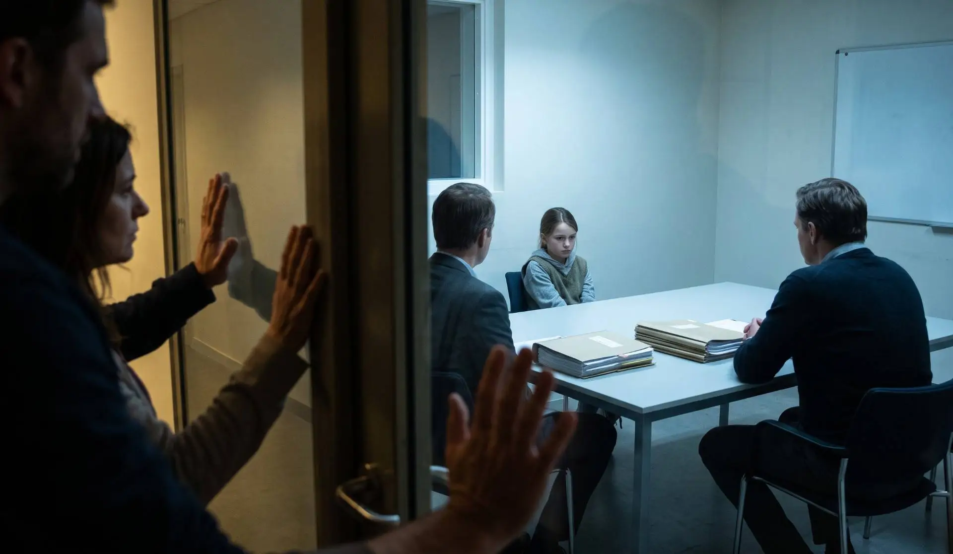 Ouders met hun handen tegen een glazen deur, terwijl hun dochter in een spreekkamer alleen tegenover hulpverleners zit