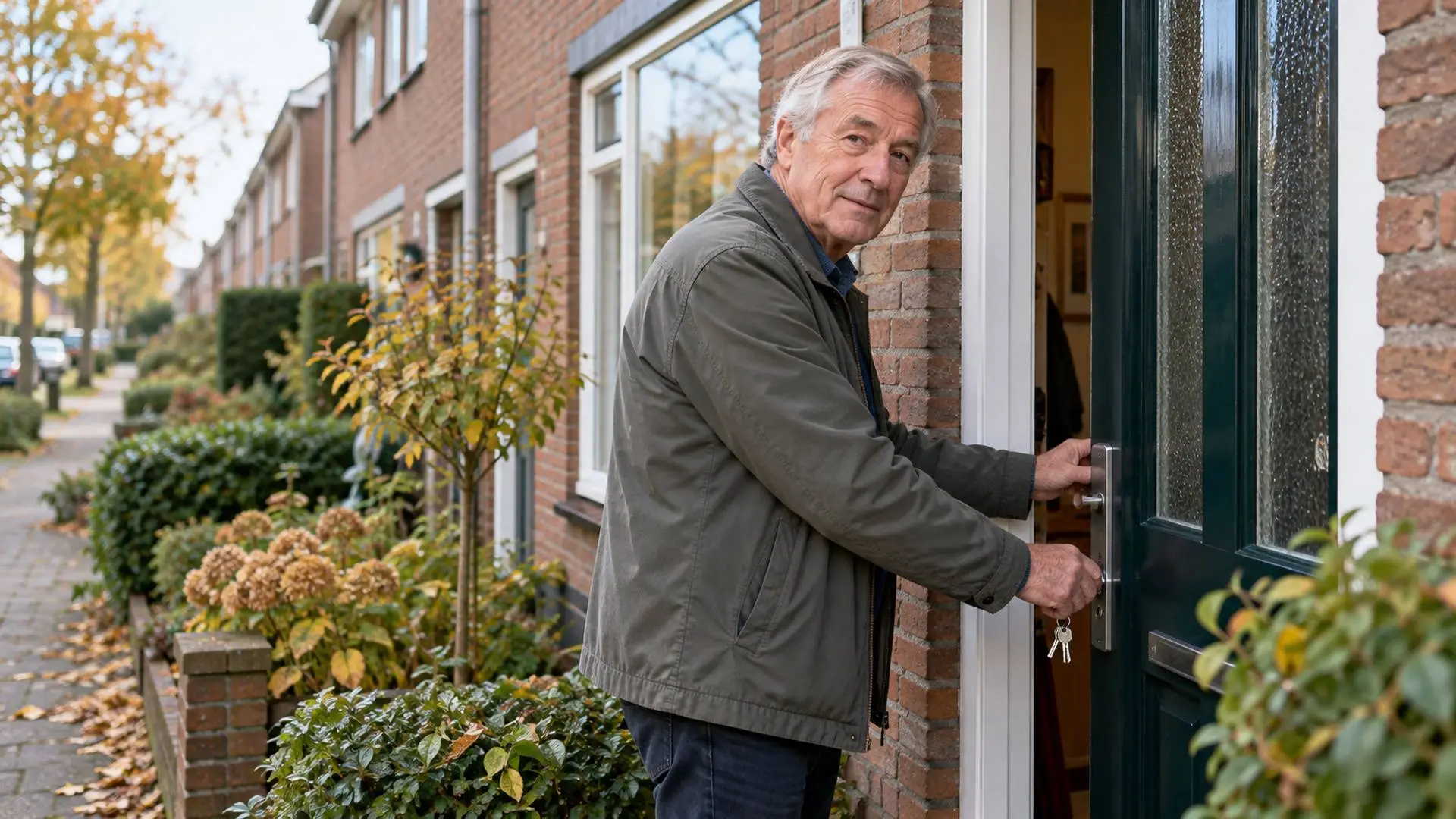 Oudere man opent met een sleutelbos in zijn hand de voordeur van zijn bakstenen rijtjeshuis.