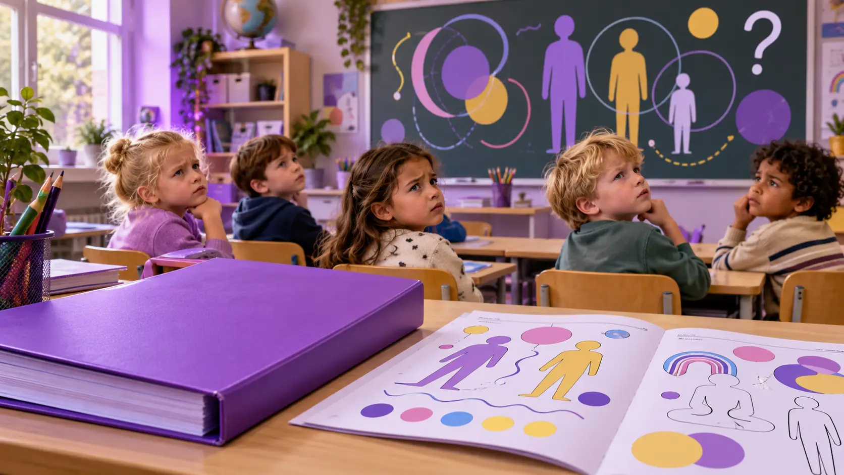 Een paars lespakket en kleurplaten op een schoolbureau, terwijl kinderen vragend naar het schoolbord kijken.