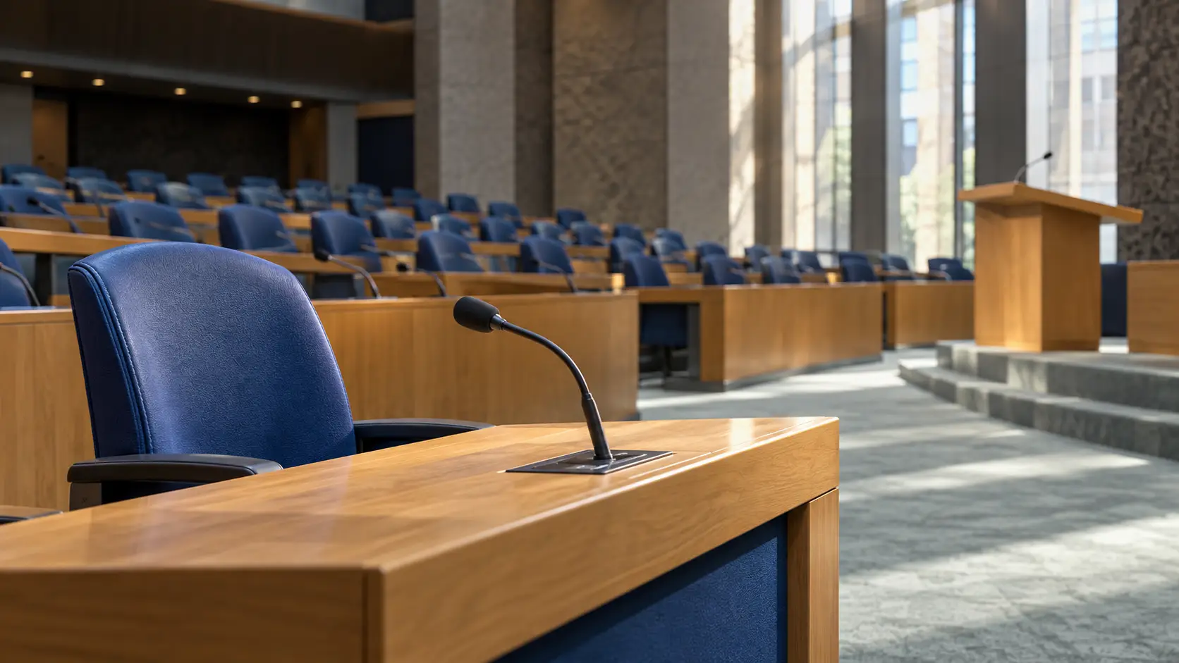 en lege blauwe Kamerzetel met een ministerieel spreekgestoelte op de achtergrond.