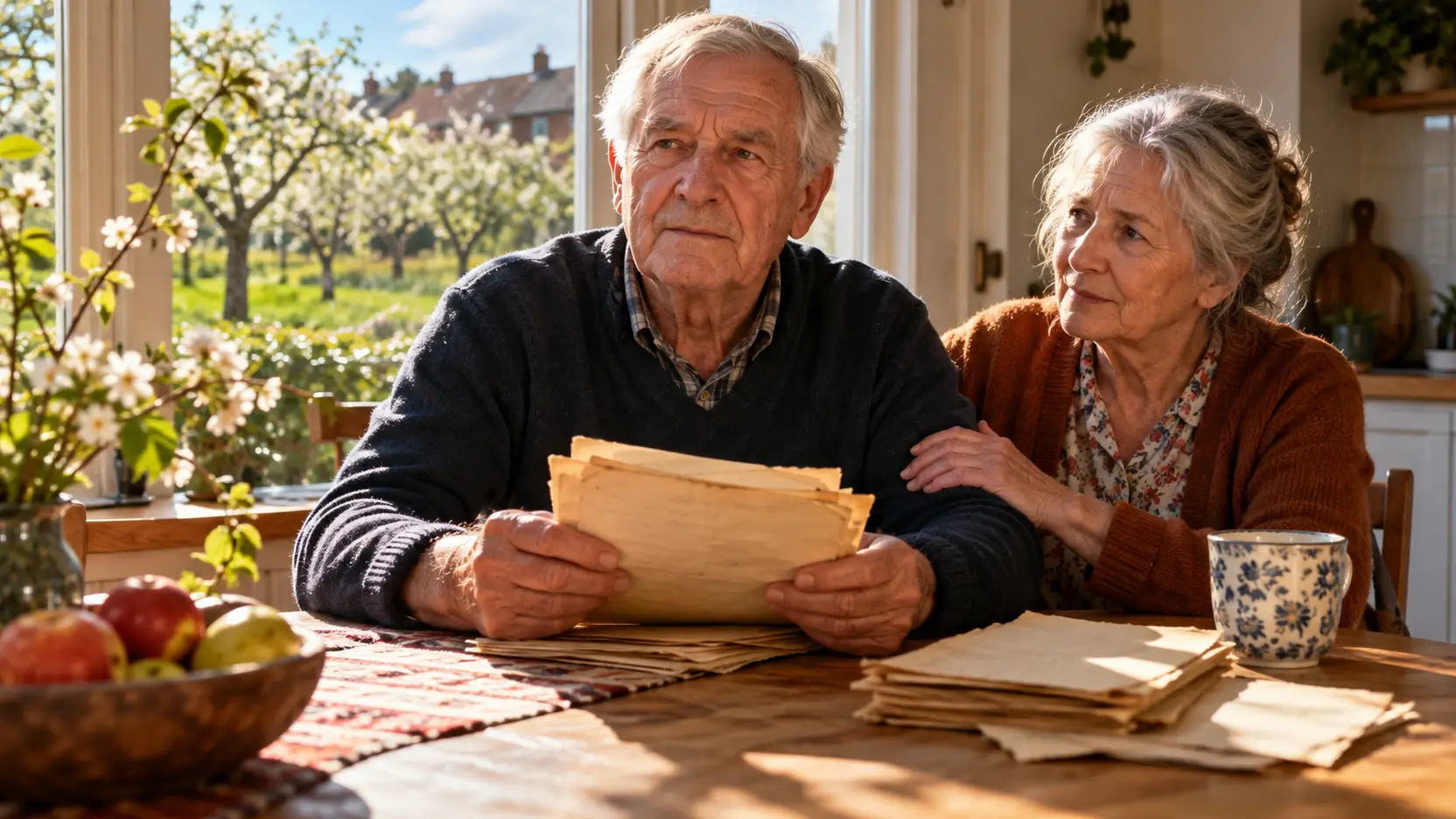 Oudere man met een stapel oude papieren aan de keukentafel, zijn vrouw legt een hand op zijn arm