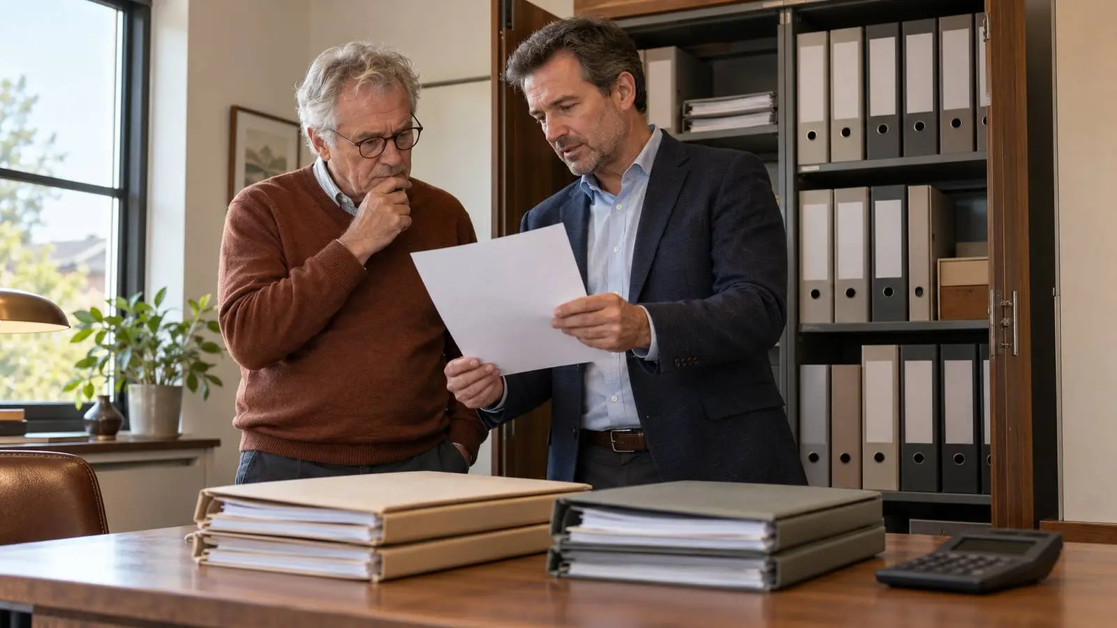 Ondernemer en adviseur bekijken een papier voor een open archiefkast, met twee stapels administratiemappen en een rekenmachine op het bureau.