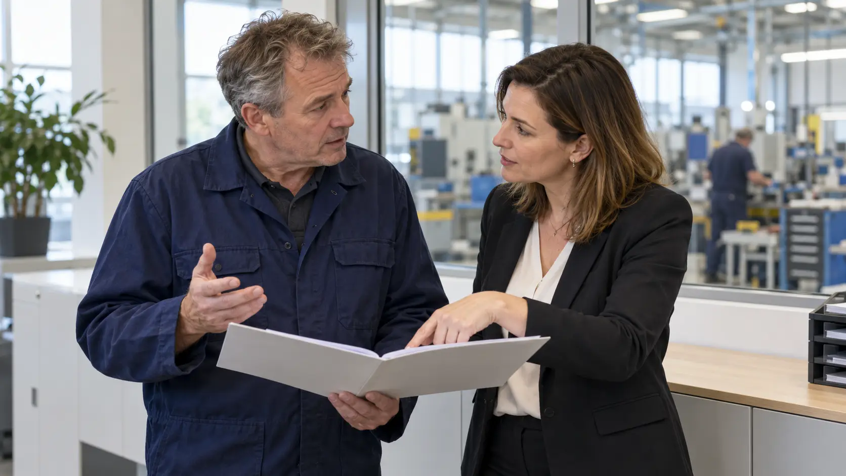 Werknemer bespreekt een geopende map met een personeelsmedewerker in een kantoor naast de werkplaats.