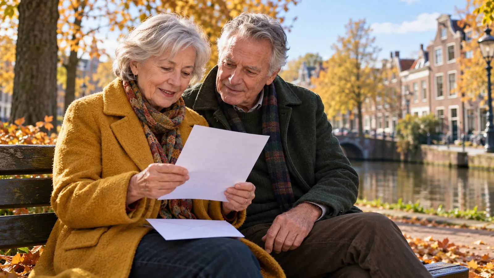 Gepensioneerd stel bekijkt samen een brief op een bankje langs een gracht in herfstlicht.