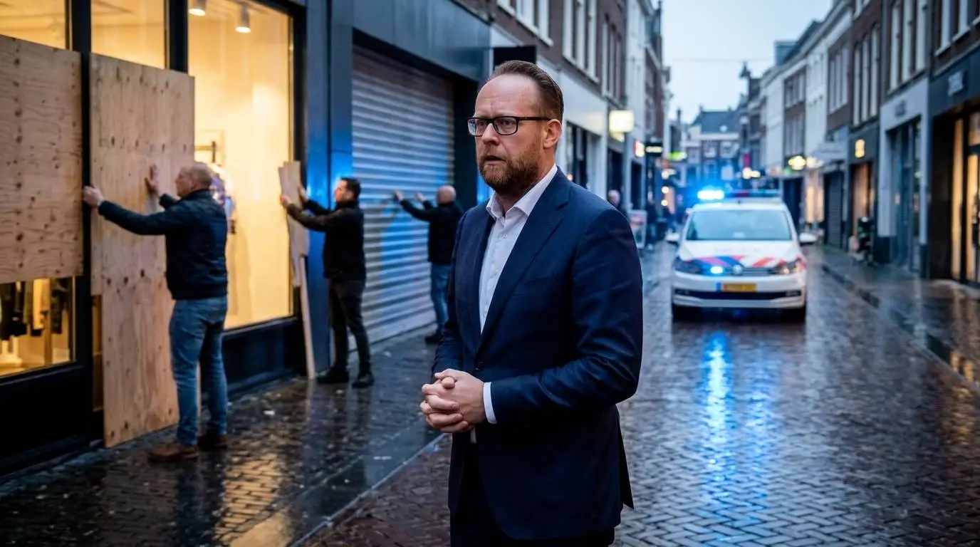 CDA-minister Pieter Heerma in een Nederlandse winkelstraat waar ondernemers hun etalages dichttimmeren