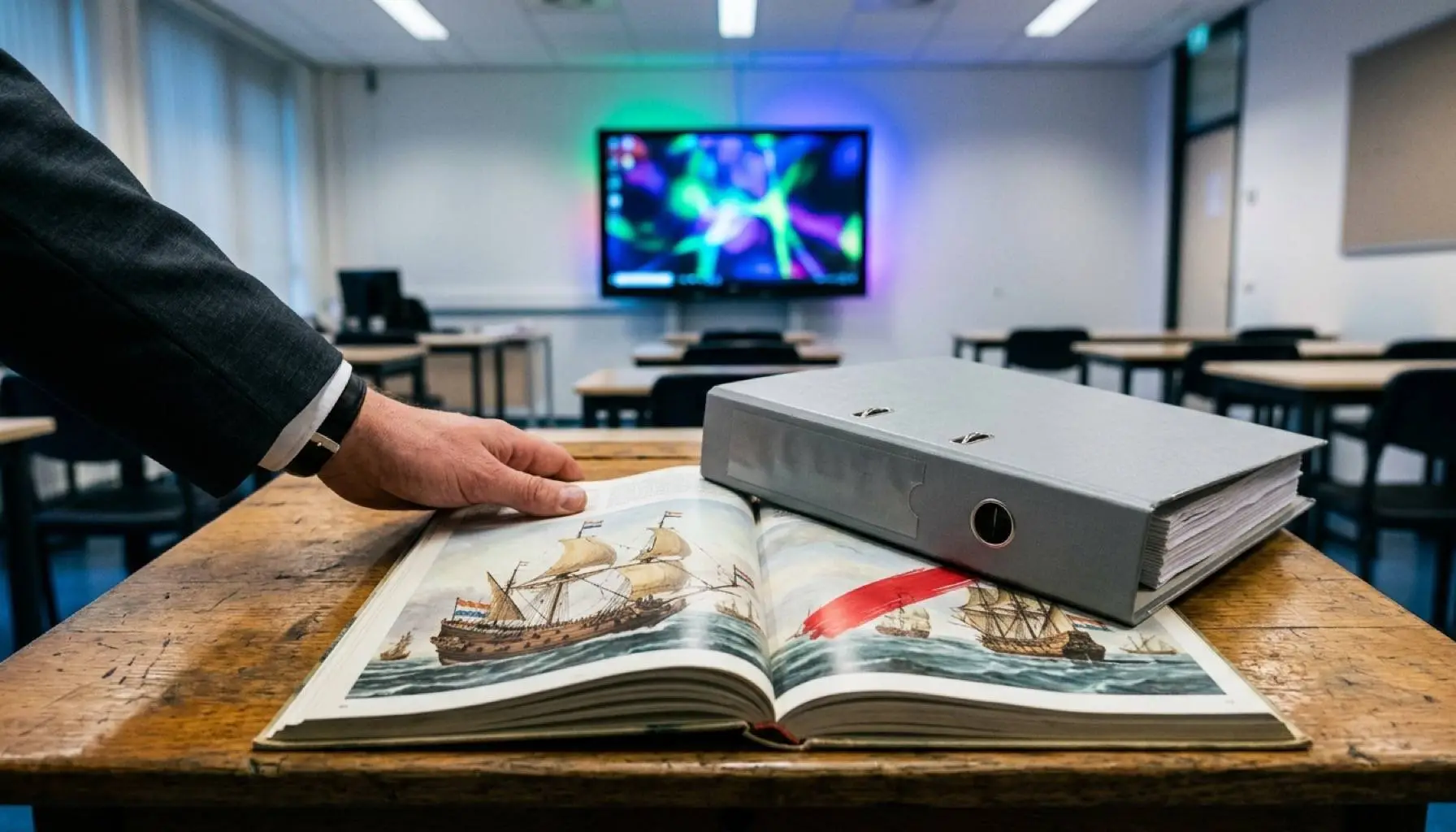 Hand in een donker kostuum op een opengeslagen geschiedenisboek met VOC-schepen en een rode streep, naast een dikke ordner in een klaslokaal.