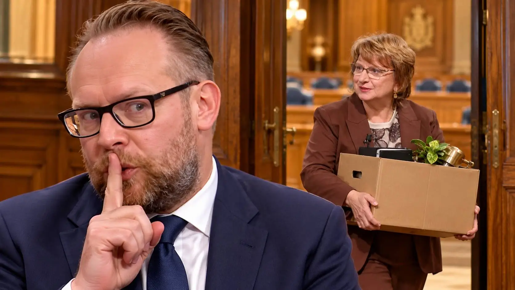 Satirische AI-illustratie van Pieter Heerma met een vinger voor zijn lippen, terwijl Mariëtte Hamer met een doos een raadzaal verlaat.