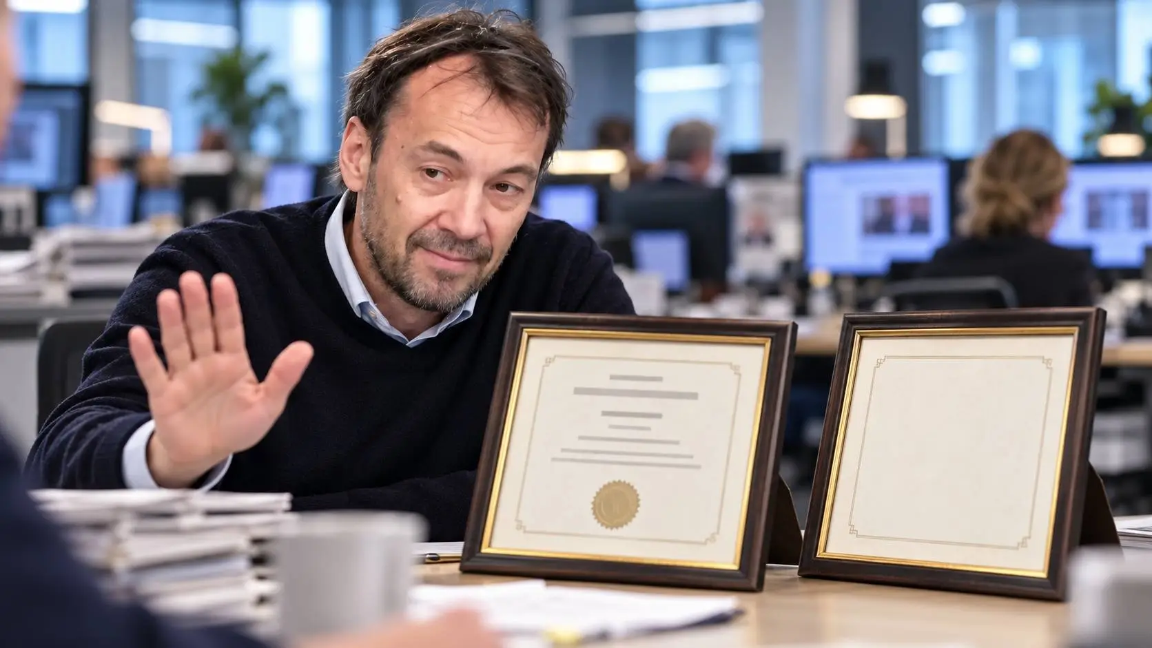 Satirische AI-illustratie van Pieter Klok met een afwerend handgebaar aan een redactietafel, naast een ingelijst diploma en een lege lijst.