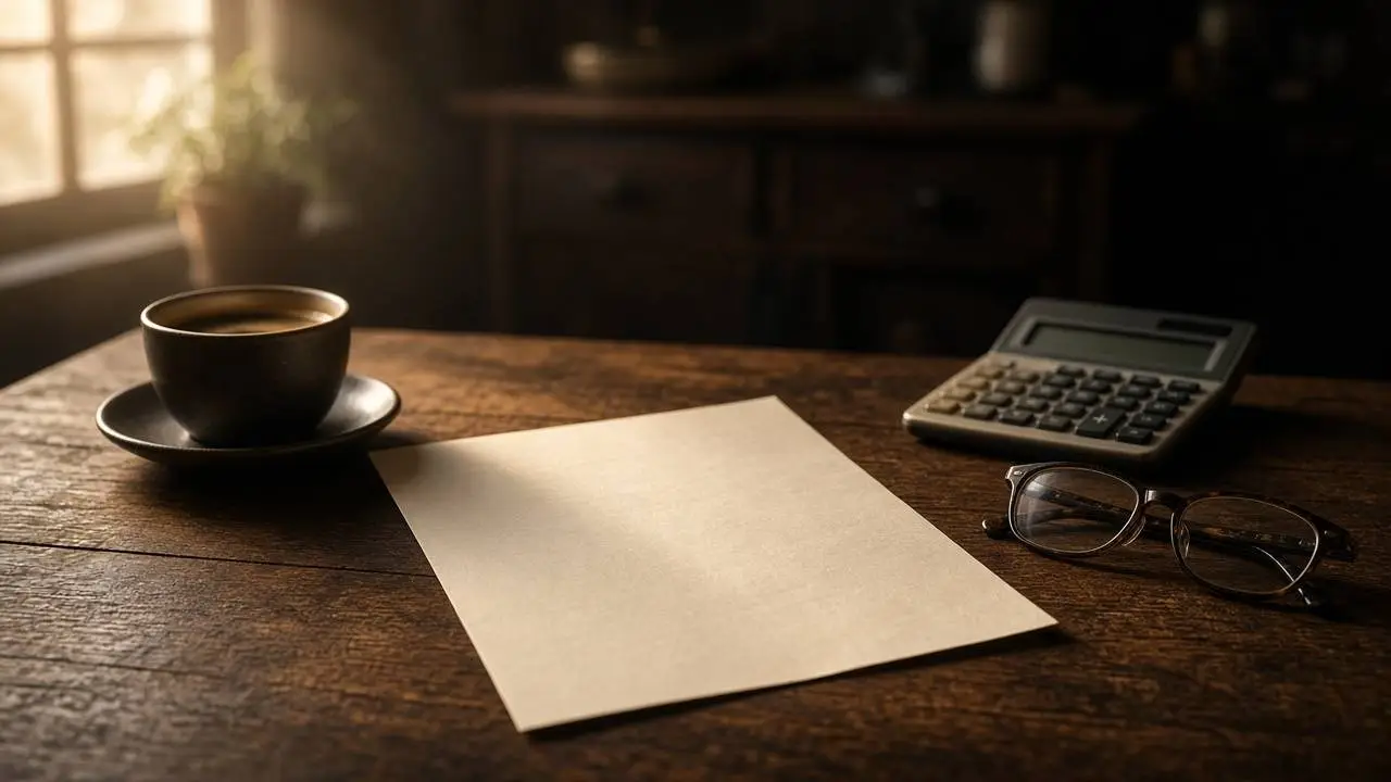 Leeg vel papier, rekenmachine, kop koffie en leesbril op een donkere houten tafel in ochtendlicht