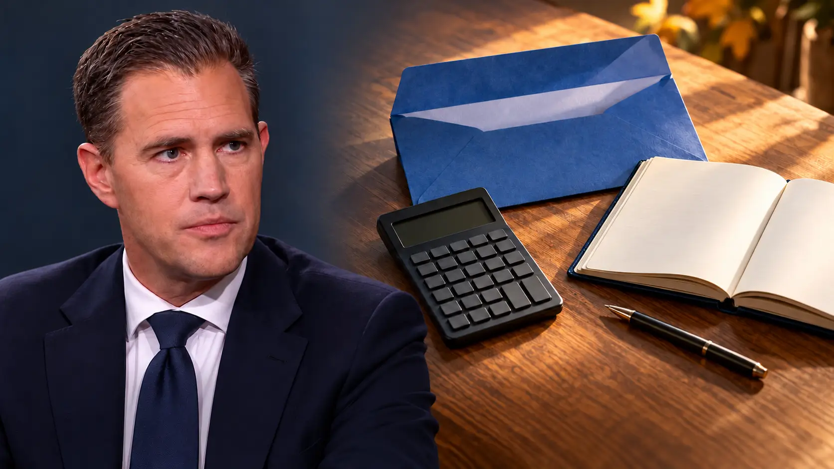 Redactionele fotomontage van Eelco Heinen naast een bureau met een geopende blauwe envelop, rekenmachine en open agenda.