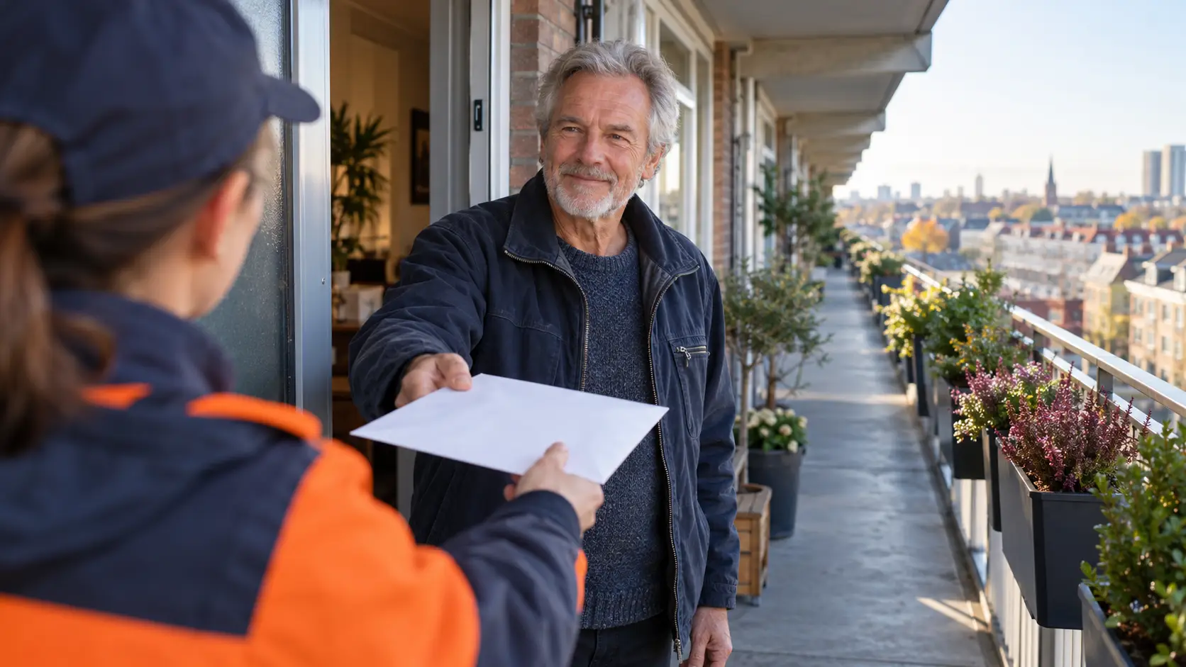 Man neemt bij de voordeur van zijn galerijflat een witte envelop aan van een postbode.
