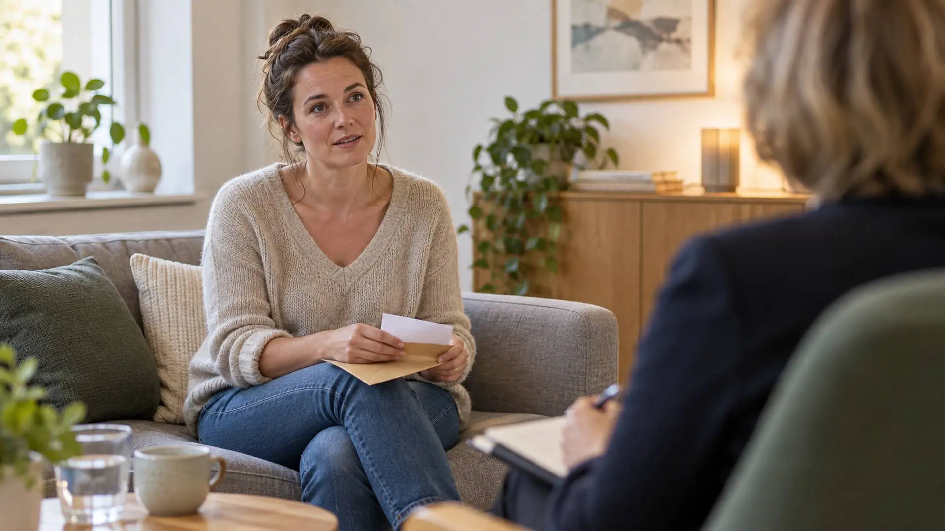 Vrouw in gesprek met een psycholoog in een lichte spreekkamer, met een brief op haar schoot.