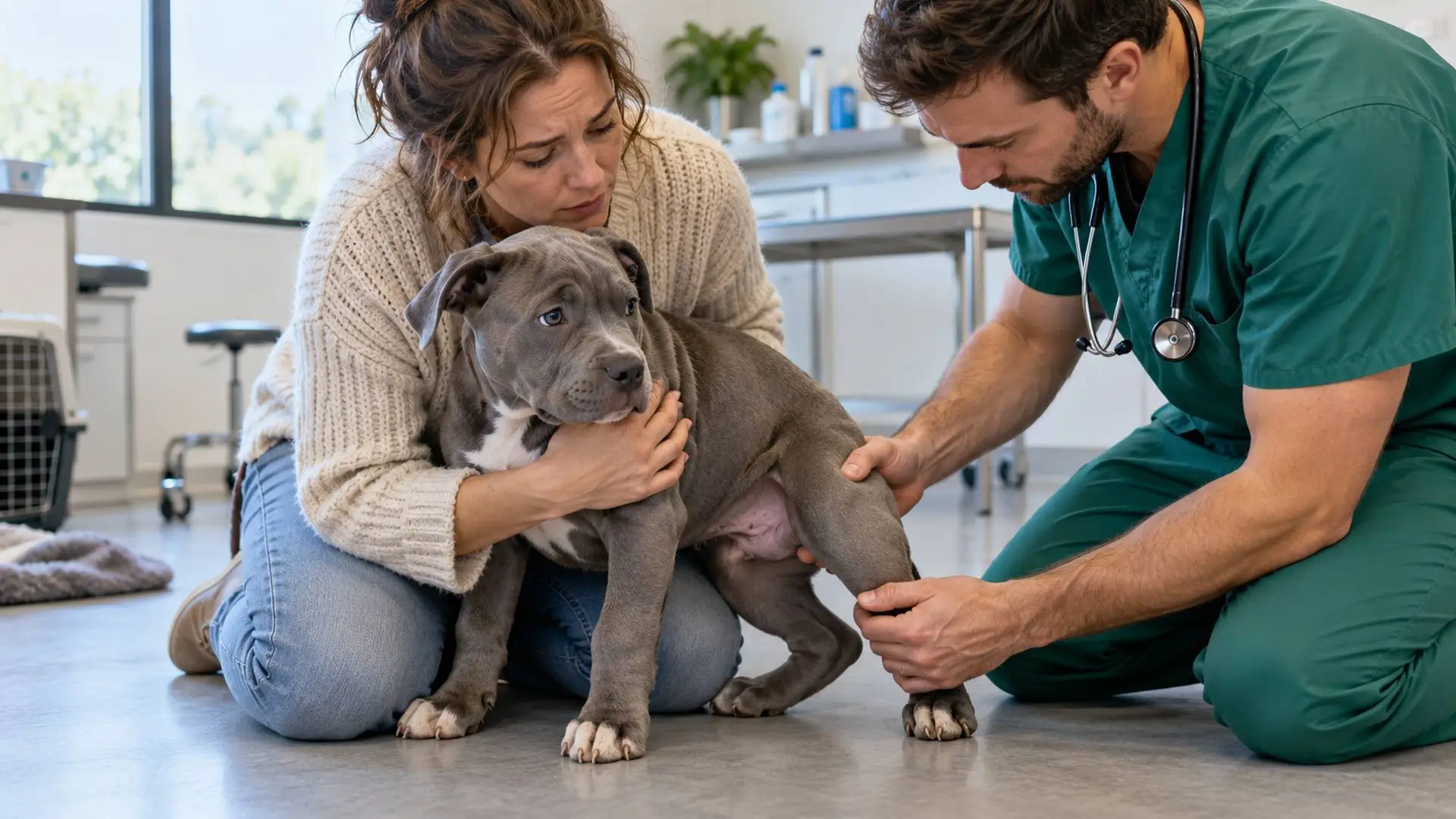 Vrouw houdt haar jonge hond vast terwijl een dierenarts de achterpoot onderzoekt