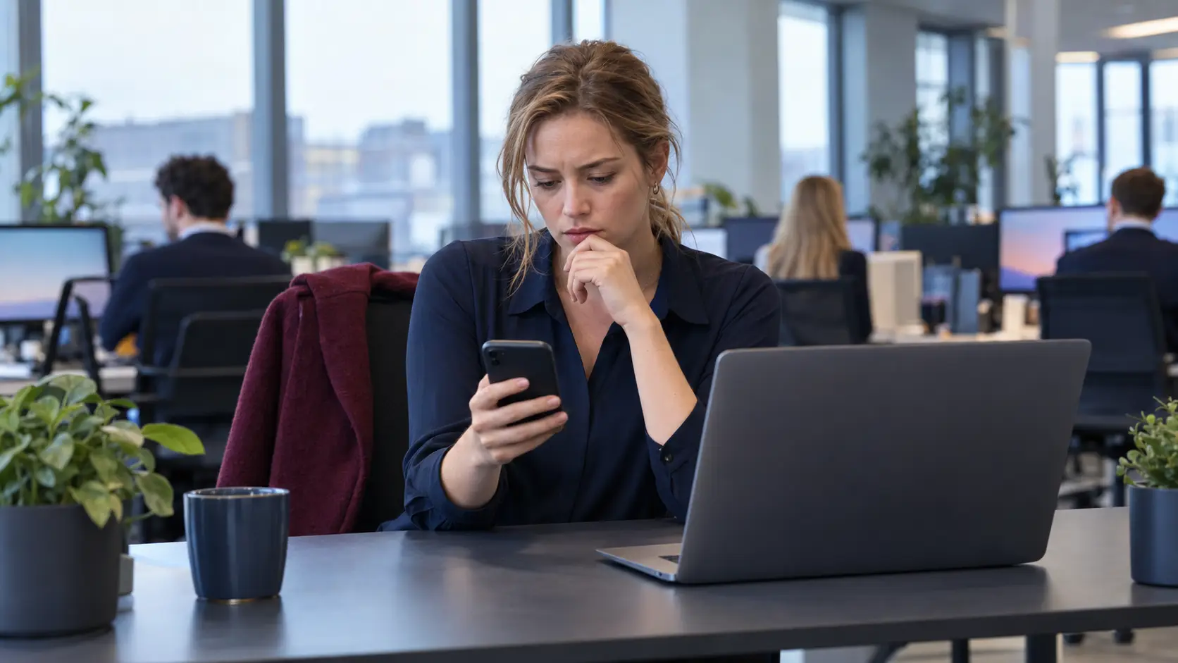 Jonge vrouw aan een bureau op kantoor kijkt gespannen naar haar telefoon