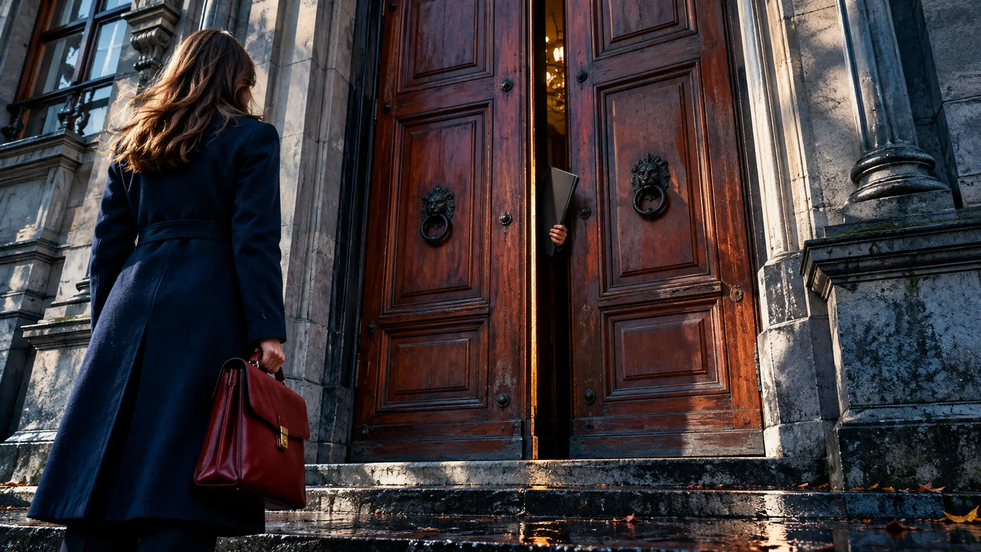 Vrouw met een documententas voor sluitende houten deuren, met een hand en dossiermap in de smalle opening.
