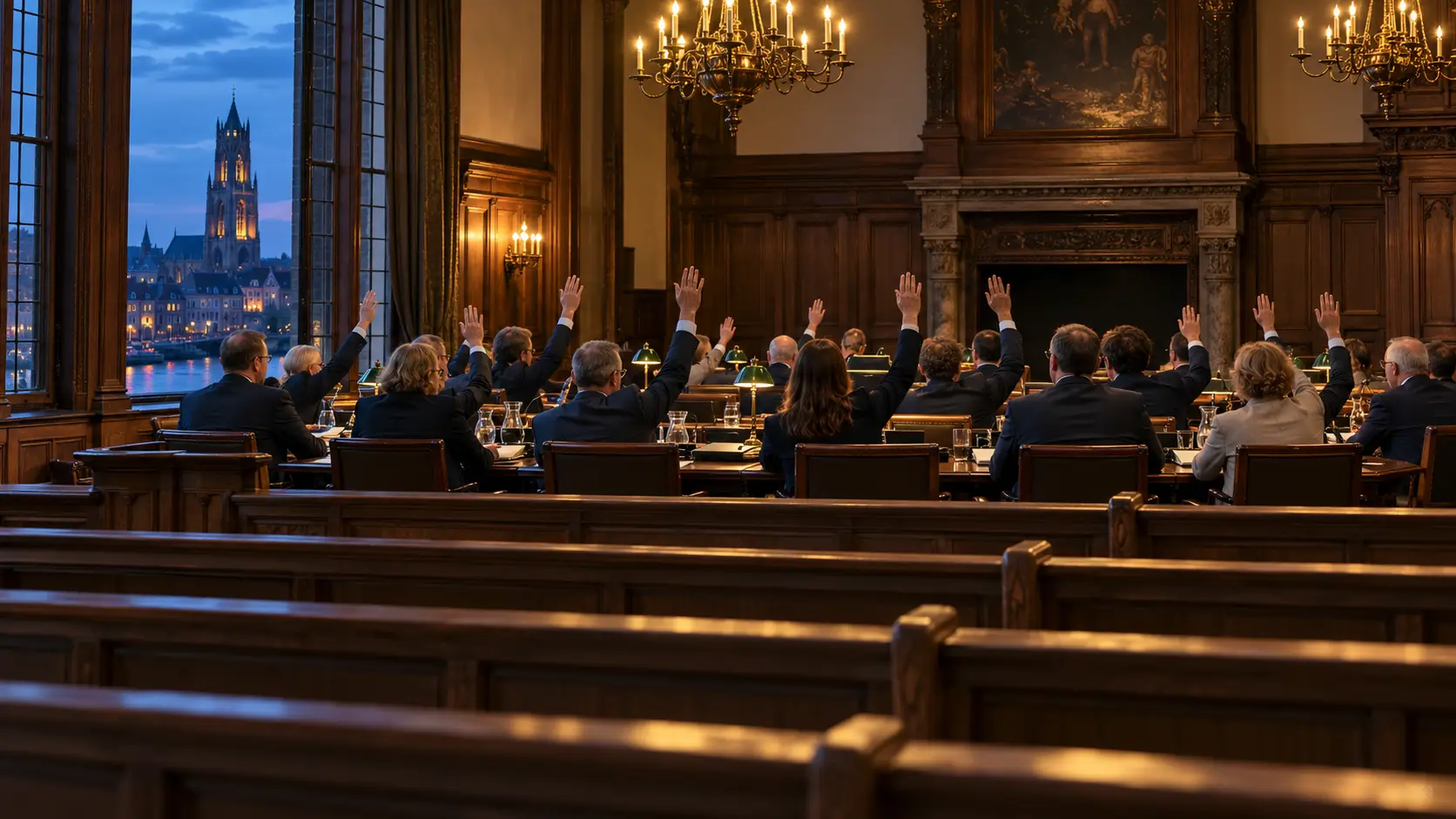 Raadsleden stemmen met opgestoken handen in een historische raadszaal met een lege publieke tribune.