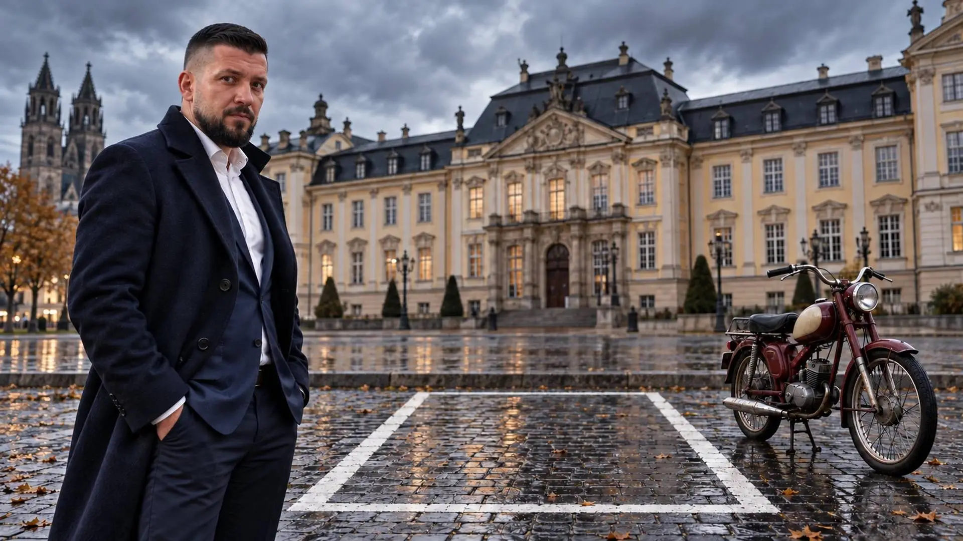AfD-politicus Tobias Rausch naast een lege parkeerplaats en een oude brommer, nadat BMW zijn dienstauto introk