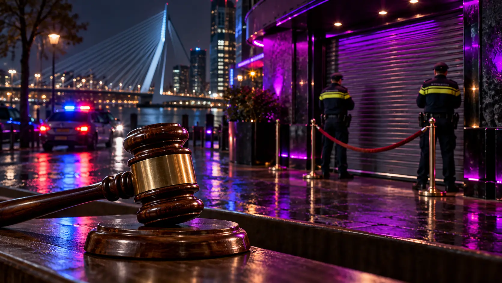 Een rechtershamer voor een gesloten Rotterdamse nachtclub, met agenten en zwaailicht.