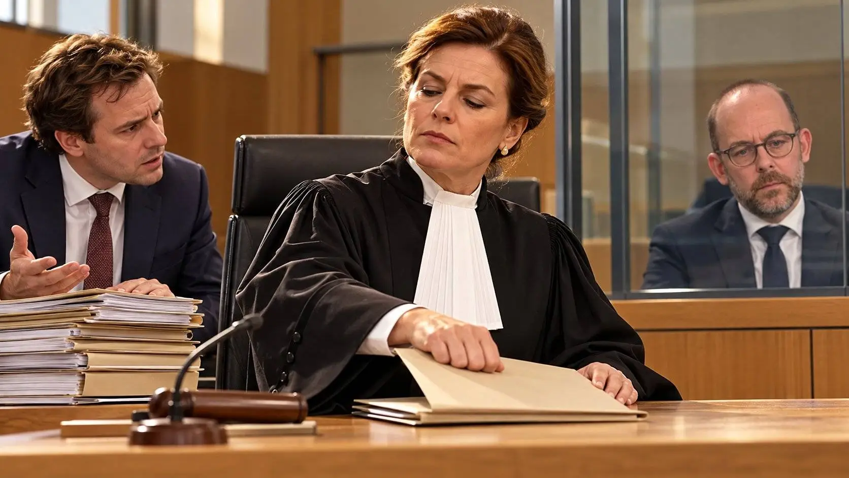 Rechter in toga klapt een dossier dicht, een man in pak met stapels dossiers protesteert, Van den Brink kijkt achter glas toe