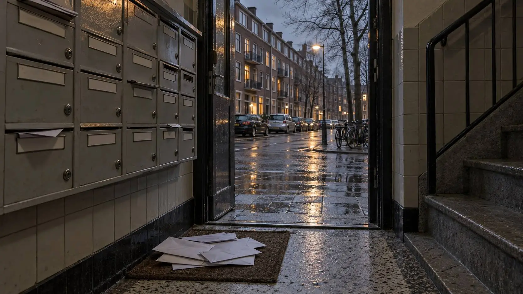 Kaal trappenhuis in een Rotterdamse portiekwoning met ongeopende post op de deurmat, symbool voor huurders die te veel huur betalen
