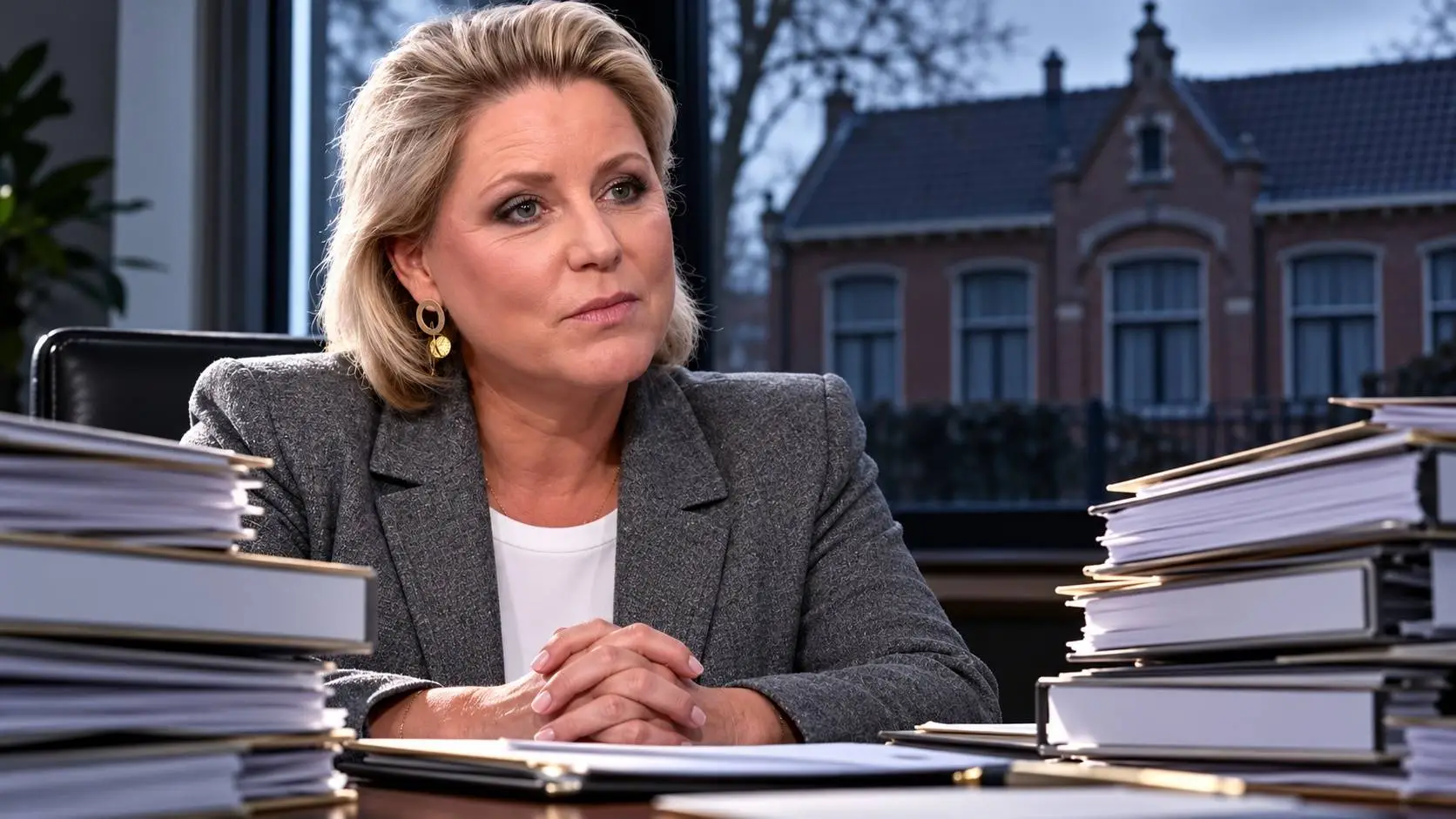 AI-Illustratie van Rianne Letschert achter een tafel met stapels subsidiemappen, met een dorpsschool op de achtergrond.